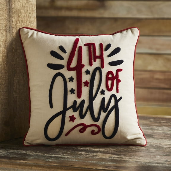 VHC Brands Patriotic 4th Of July Pillow 18x18, Independence Day Decor, 4th Of July Celebration, Embroidered Cotton Pillow, Perfect For Bedroom, Entry, Living Room, Square Shape, Americana, Natural