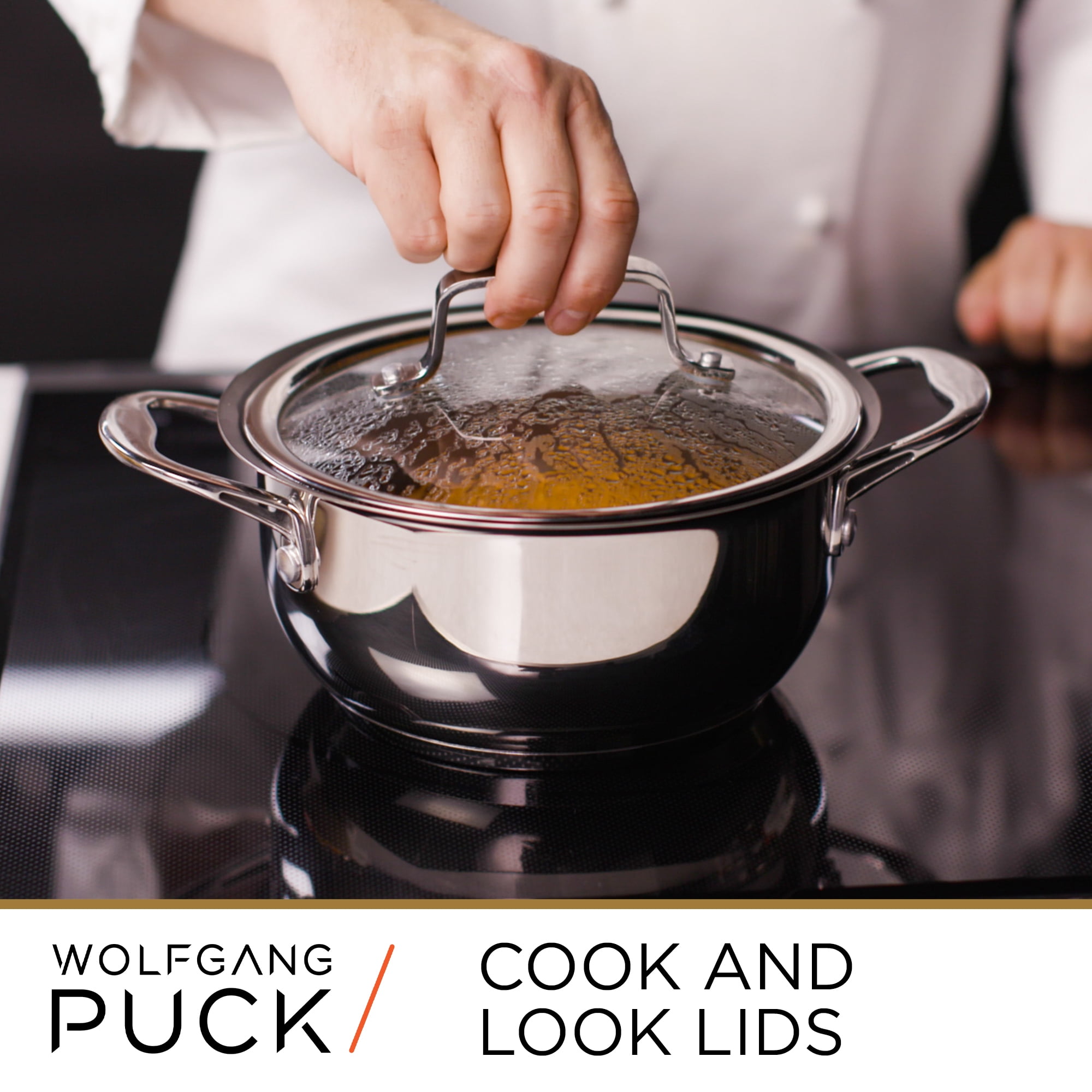 Wolfgang Puck 6-Piece Stainless Steel Pots and Pan Set; Scratch-Resistant Non-Stick Cookware, Clear Tempered-Glass Lids,