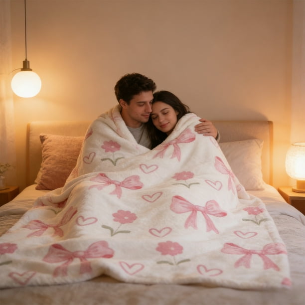 Manta de franela con lazo rosa | Suave y cómoda, con estampado digital | Ideal para la siesta en la oficina y San Valentín | 75 x 100 cm