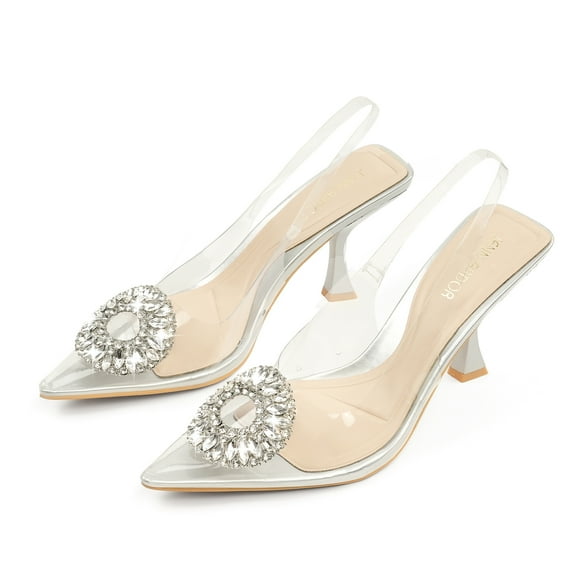 JENN ARDOR Women's Slingback Pointed Closed Toe Heels with Rhinestones 3 inch Comfortable Stiletto Sandals Pumps Wedding Party Dress Shoes