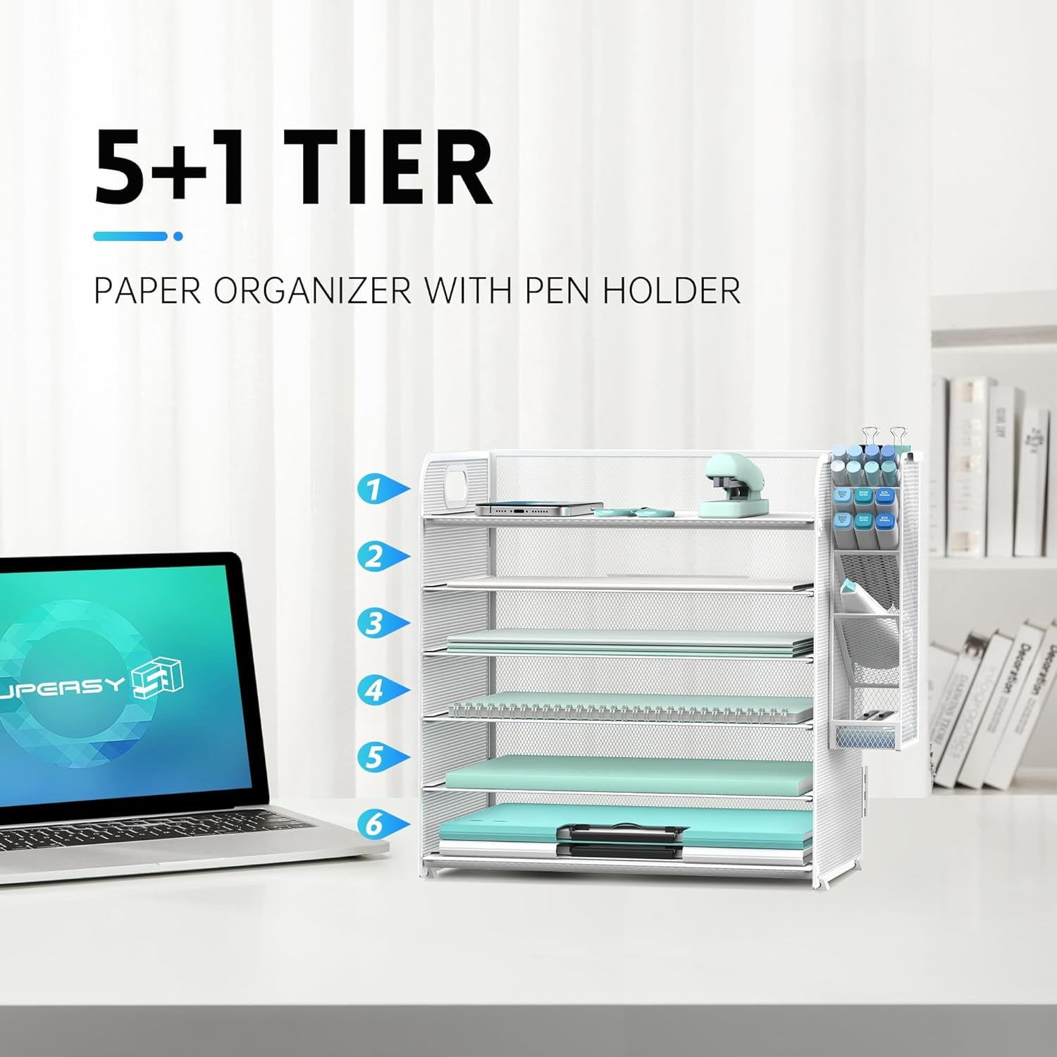 INTIGE 6 Tier Paper Organizer with 4 Pen Holders, Metal Mesh Desk Organizer Letter Tray with Handle, White, Assembly