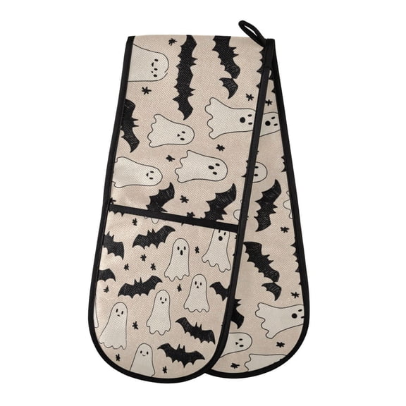 35" x7" Double Oven Mitt Heat Resistant Oven Gloves Withstands Up to 200°C for Kitchen Baking & BBQ Simple Ghosts and Bats