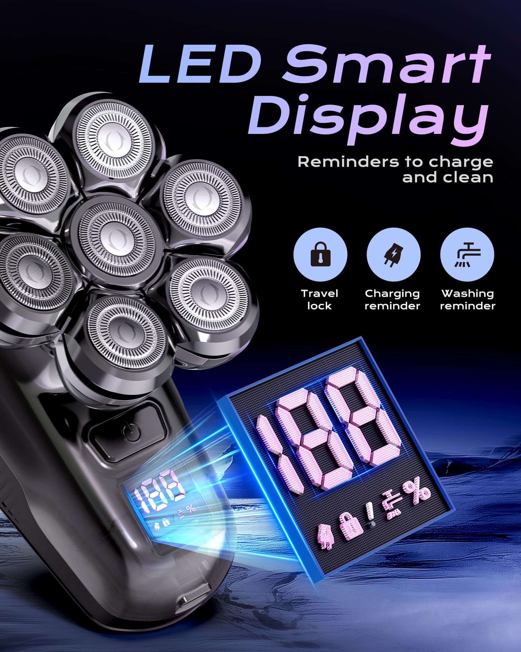 7D Head Shavers for Bald Men, Detachable Head Shaver LED Display Dry Wet Bald Head Razor, IPX7 Waterproof Head Shavers with Type-C Charge