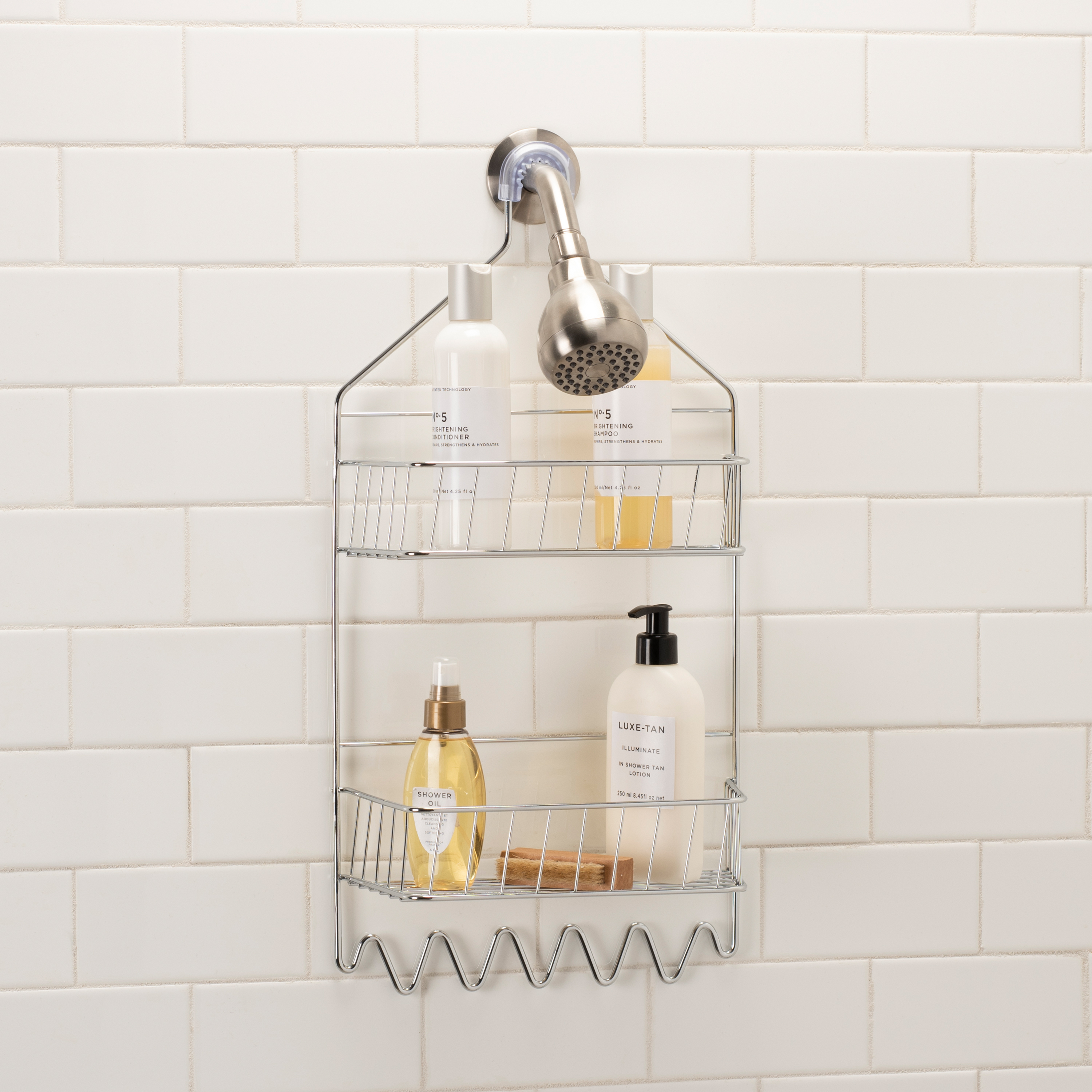Bath Bliss 2 Tier Shelf Steel Cabana Stripe Shower Caddy, Silver Chrome