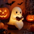 thumbnail image 5 of Cute Ghost Reading Book Lamp, Halloween Light Up Ghost Statue Night Light House Mantel Decor, Ghost Warm Lighted Indoor Figurine Lamps for Party Bedroom Shelf Table Centerpiece (S), 5 of 7