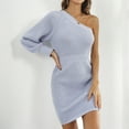 thumbnail image 4 of SWSMCLT Women's Ribbed Knit Knitted One Shoulder Bishop Sleeve Long Sleeve Bodycon Dress Sexy Fall Winter Mini Backless Wedding Cocktail Party Short Sweater Dresses Purple Lavender 12, 4 of 5