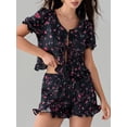 thumbnail image 4 of Raccmtaty Women Summer Shorts Outfits Floral Print/Patchwork/Stripe Tie-Up Short Sleeve Tops Elastic Waist Shorts 2 Pieces Clothes Set, 4 of 8