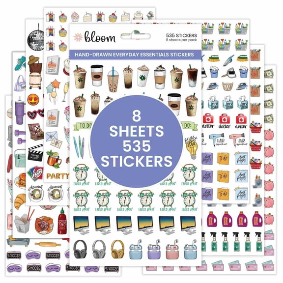 bloom daily planners Hand-Drawn Everyday Essentials Planner Stickers, 535 Stickers, 8 Sheets, Vintage Variety Pack