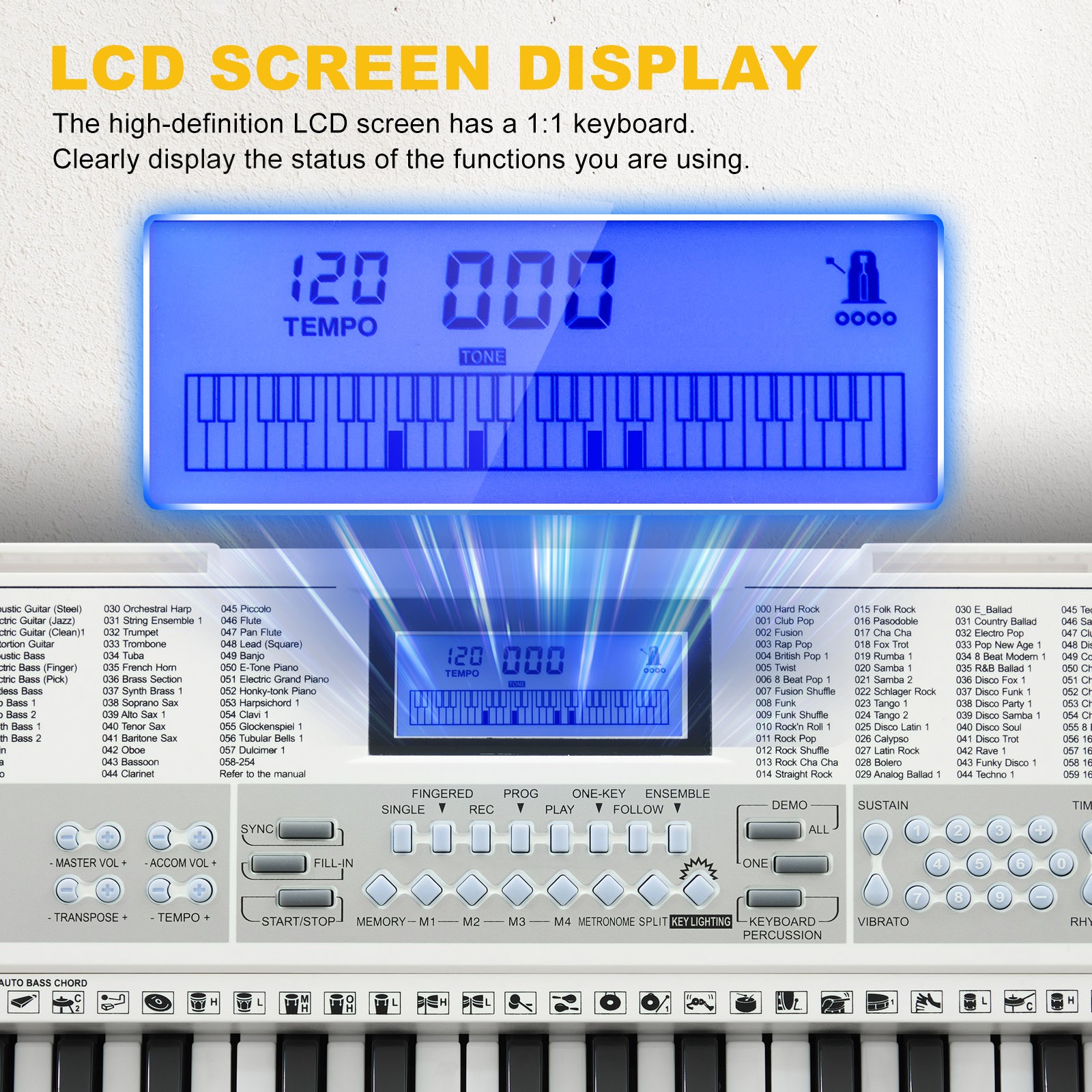 61 Keys Electric Piano Keyboards with Lighted Up Keys,255 rhythms,Bench,Stand,Headphone,Microphone(White)