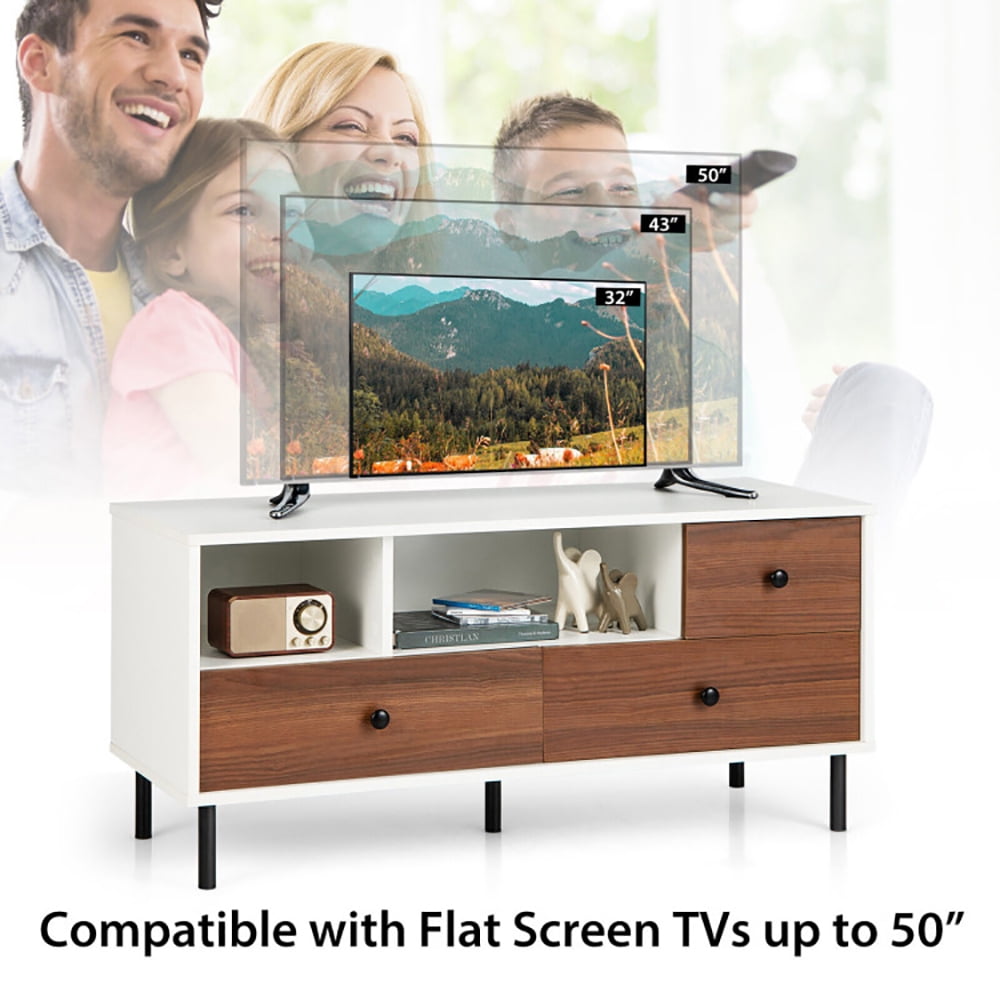 Finihen TV Stand, TV Cabinet, Mid-Century TV Stand for 50-inch TVs with 2 Cubbies and 3 Drawers, for Living Room, White & Walnut