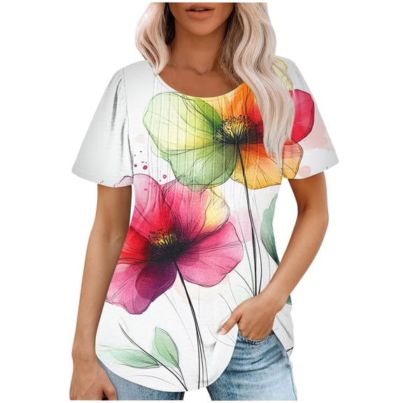 HAPIMO Women' Plus Size Flowy Crew Neck Tees Elegant Pleated Blouses Flower Print Tops Casual Loose Fashion Clothes Summer Tops for Women Dressy Tunic Multicolor XL