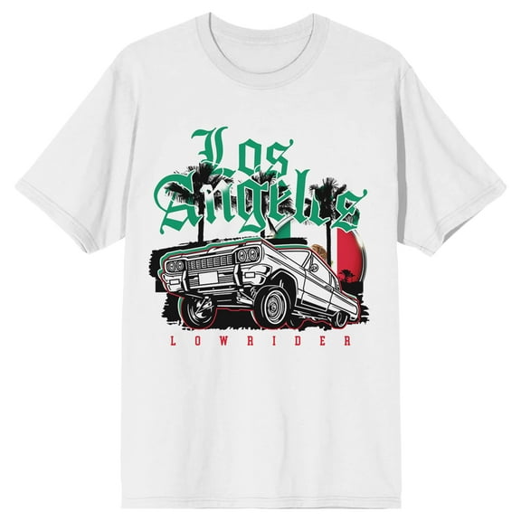 White Car Silhouette w/ Los Angeles Green Lettering and Palm Trees on White Short Sleeve Adult T-Shirt-XS