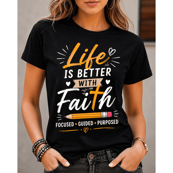 Women's Christian Faith Graphic T-Shirt, Life Is Better With Faith Inspirational Quote Tee, Casual Short Sleeve Religious Summer Top