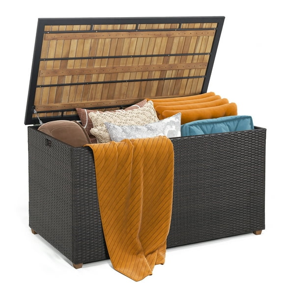Gymax 134 Gallon Patio Wicker Storage Deck Box w/ Solid Acacia Wood Backyard