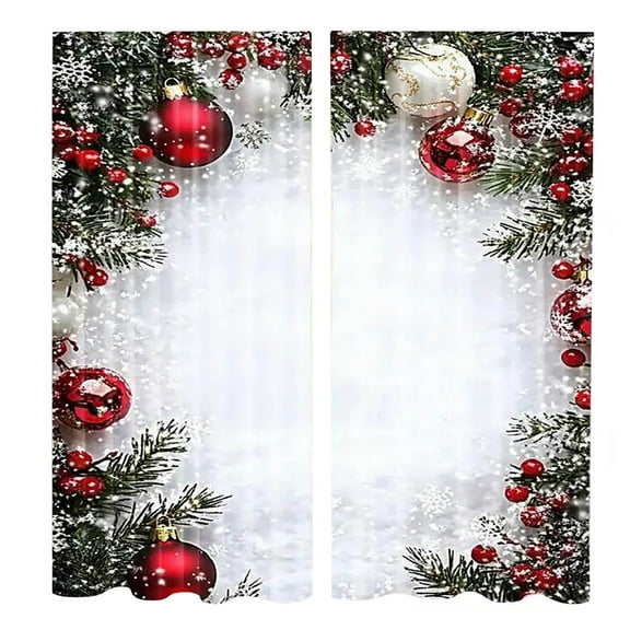 LmnLft Christmas Ball Holiday Printed Curtains, 2 Pieces 2D Art Printed Curtains with Snowflakes and Pine Branches, Red Luxury Xmas Print Curtains for Bedroom Living Room Holiday Party Decor