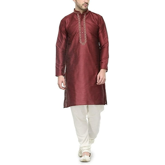 Royal Kurta Men's Silk Blend Festive Neck Garland Embroidery Kurta Pyjama Set Maroon
