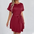 thumbnail image 3 of Robe Décontractée Grande Taille pour Femmes à Manches Courtes avec Ceinture Nœud Col Rond Fluide Confortable pour Fête Vacances Printemps Automne Usage Quotidien, 3 of 6