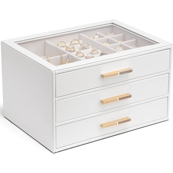 Jewelry Box for Women, White Glass Lid Organizer with 3 Drawers for Rings, Earrings, Bracelets