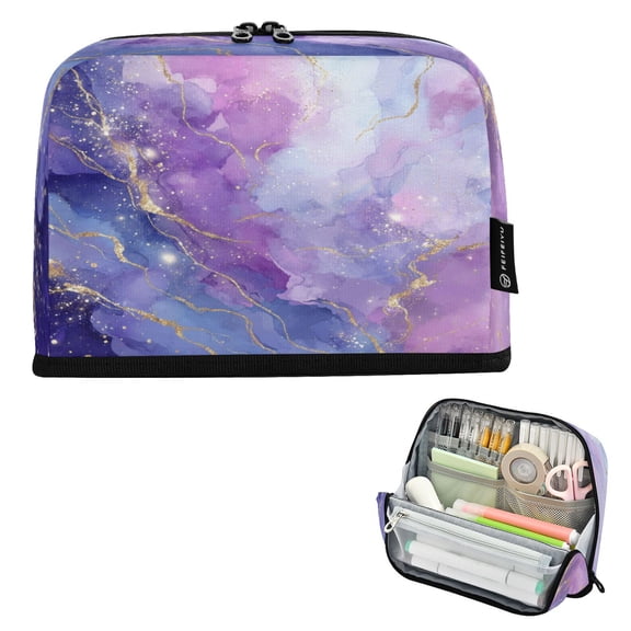 Standing Pencil Case with Base Large Capacity Stationery Pouch Pen Bag with Zipper for Women Men Pink and Blue Marble Texture