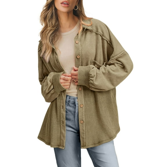 Women's Oversized Moss Green Patchwork Buttoned Waffle Knit Shacket - [ZhiHiMeRi] | (US 20-22)2XL,Moss Green