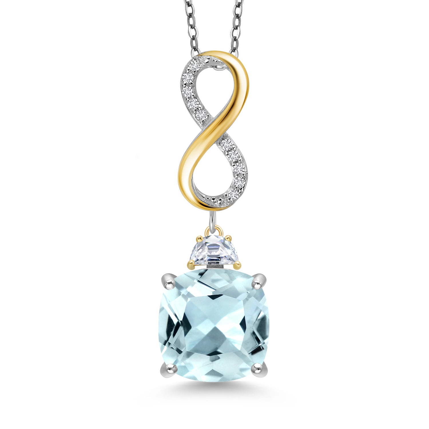 925 Silver and 10K Yellow Gold Sky Blue Simulated Aquamarine and Moissanite and Lab Grown Diamond Pendant Necklace for Women | 6.23 Cttw | Gemstone March Birthstone | Cushion 12MM | With 18 inch Chain