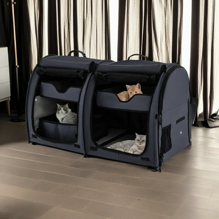 Pefilos 40  Portable Twin Compartment Show House Cat Cage/Condo  Fold Kennel Dog Travel Crate with Carry Bag  2 Removable Hammocks and Collapsible Litter Box  Black