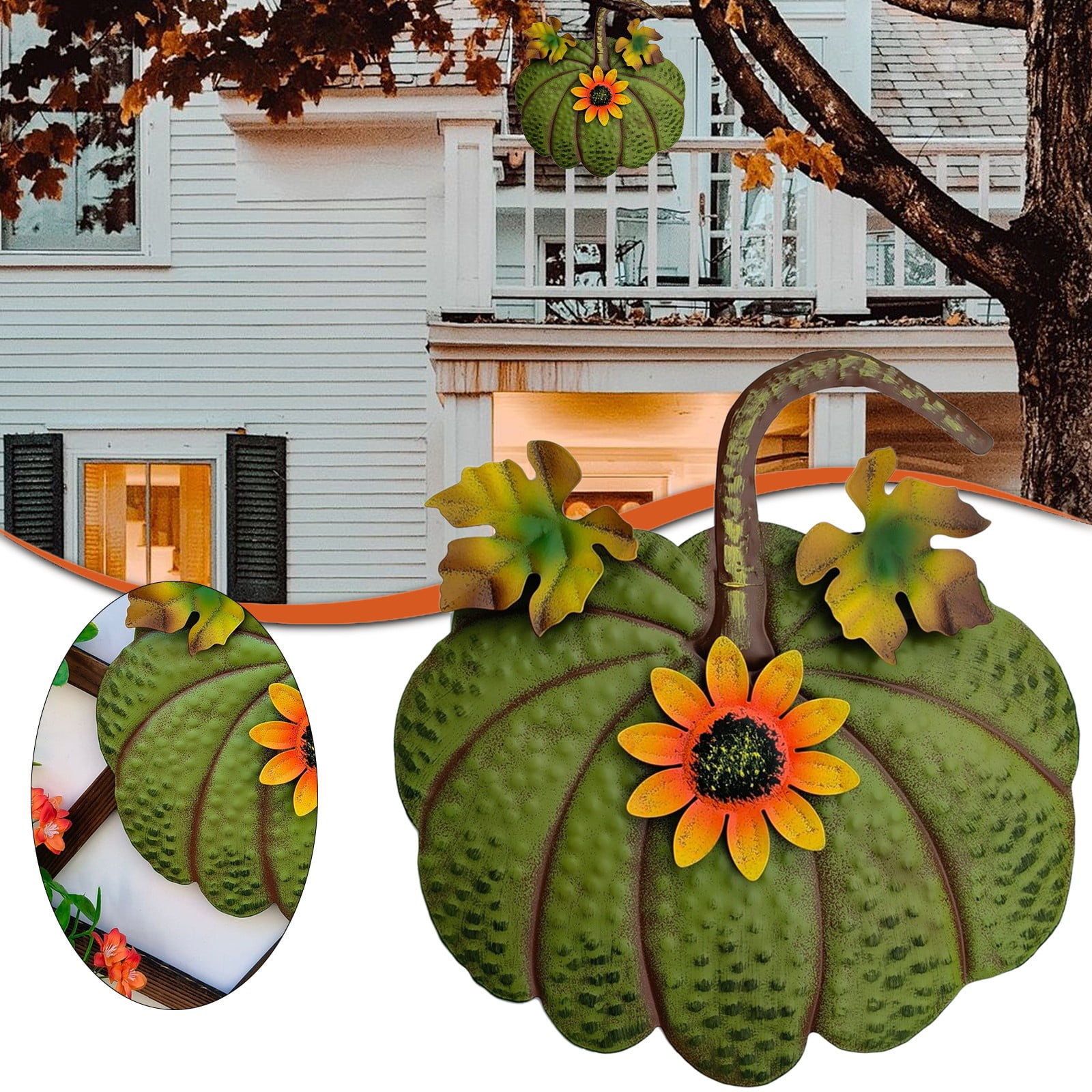 ZLBDYG Rustic Metal Pumpkin Hanging Decoration & Stake Garden Outdoor Decor - Fall Thanksgiving Yard Sign with Green Stem for Lawn Pathway Porch Autumn Festival Seasonal Decoration
