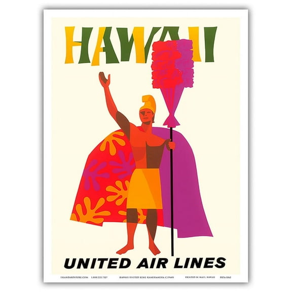Hawaii - Hawaiian Chief (Ali’i) with a Royal Feathered Standard (Kahili) - United Air Lines - Vintage Hawaiian Travel Poster c.1960s - Master Art Print (Unframed) 9in x 12in