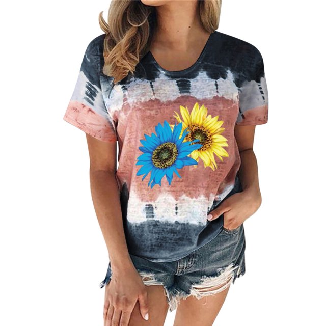 Hauts pour Femmes Décontractés Été Manches Courtes Tunique Ample T-Shirts Chic Henley Col Rond Mode Imprimé Blouses Basiques