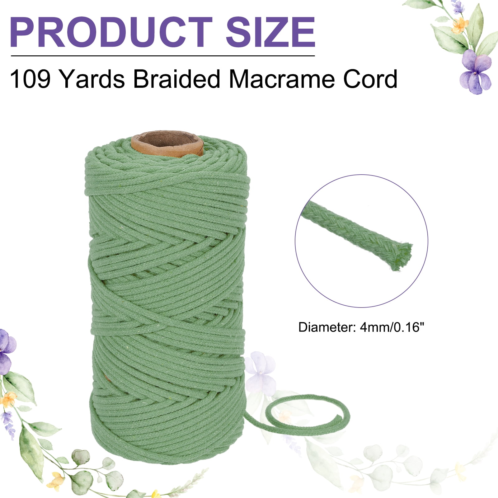 Braided Macrame Cord, 4mm x 109 Yards Natural Cotton Rope Macrame Yarn Bohemia Craft String with Scissors(Grey Green)
