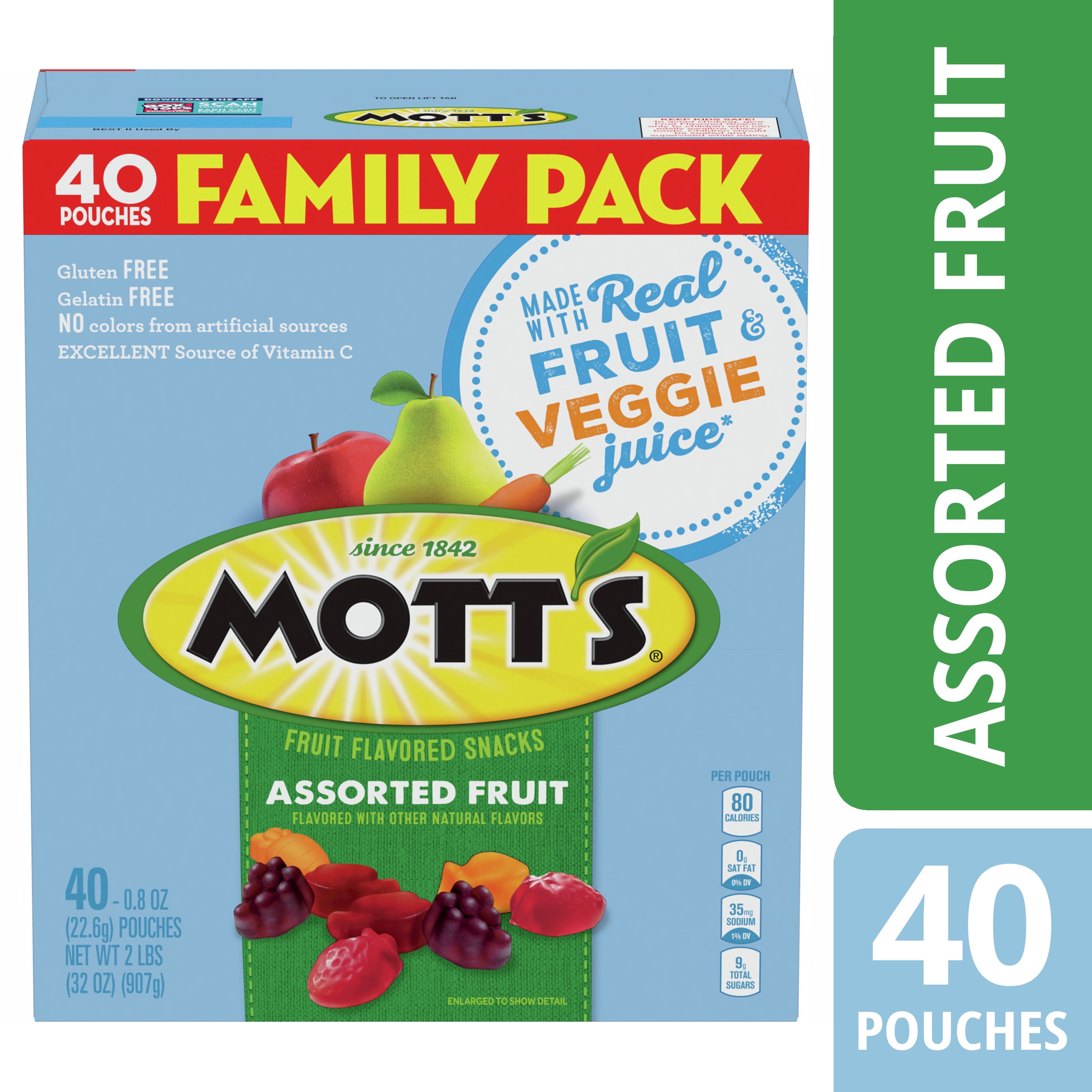 Mott's Fruit Flavored Snacks, Assorted Fruit, Pouches, 0.8 oz, 40 ct