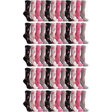 

60 Pairs of Pink Ribbon Breast Cancer Awareness Casual Ankle/Crew Socks for Women (Assorted (Crew))