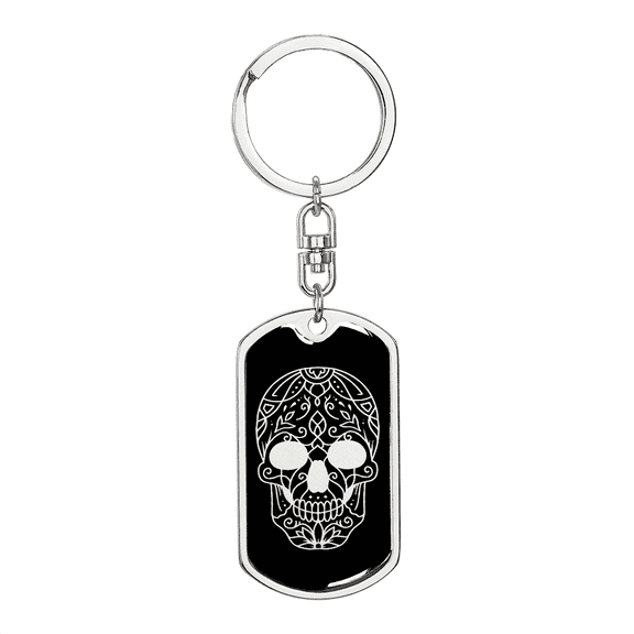 Calavera Mexican Sugar Skull 1 Stainless Steel or 18k Gold Premium Swivel Dog Tag Keychain