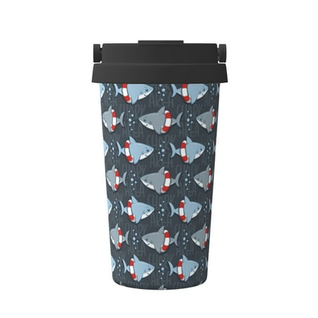 

Uemuo Shark Wearing Swim Ring Print Carry Insulated Coffee Mug Travel Mug with Hidden Handle Insulated Coffee Flask Leak-proof Travel Mug Insulated Mug for Office