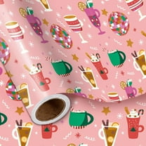 WarmHaven Pink Christmas Wrapping Paper Roll,Holiday Drink Mugs Hot Cocoa and Disco Ornaments Fun Party Design, for Girls Teens Adults Friends Family, Christmas Party Gifts, Mini Roll 17 in x 16.4 Ft