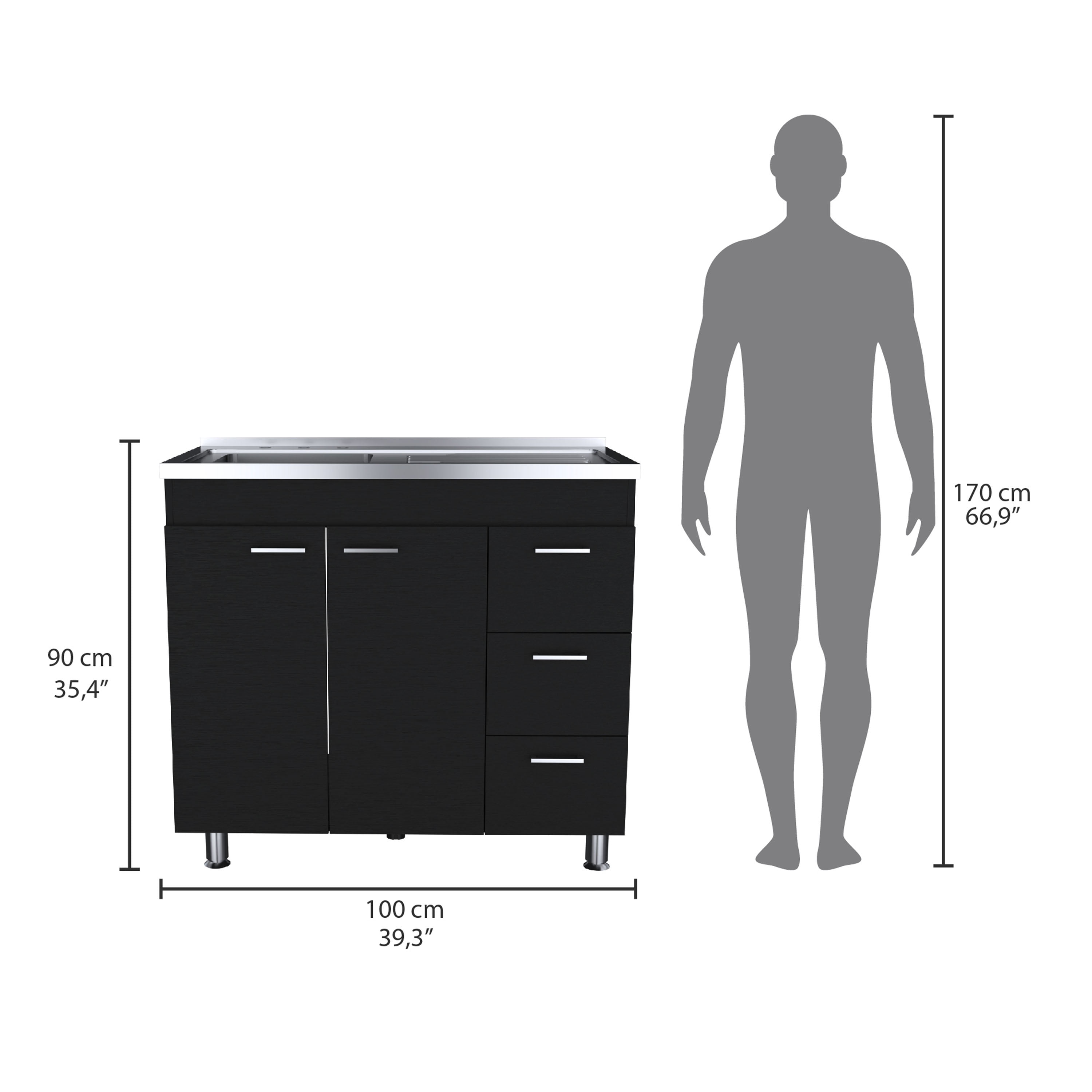 Izzovium Ferretti Utility Sink with Three Drawers and Double Door Cabinet, 39.4in L x 20.4in W x 30.8in H, Black, Particle Board Construction for Laundry or Kitchen