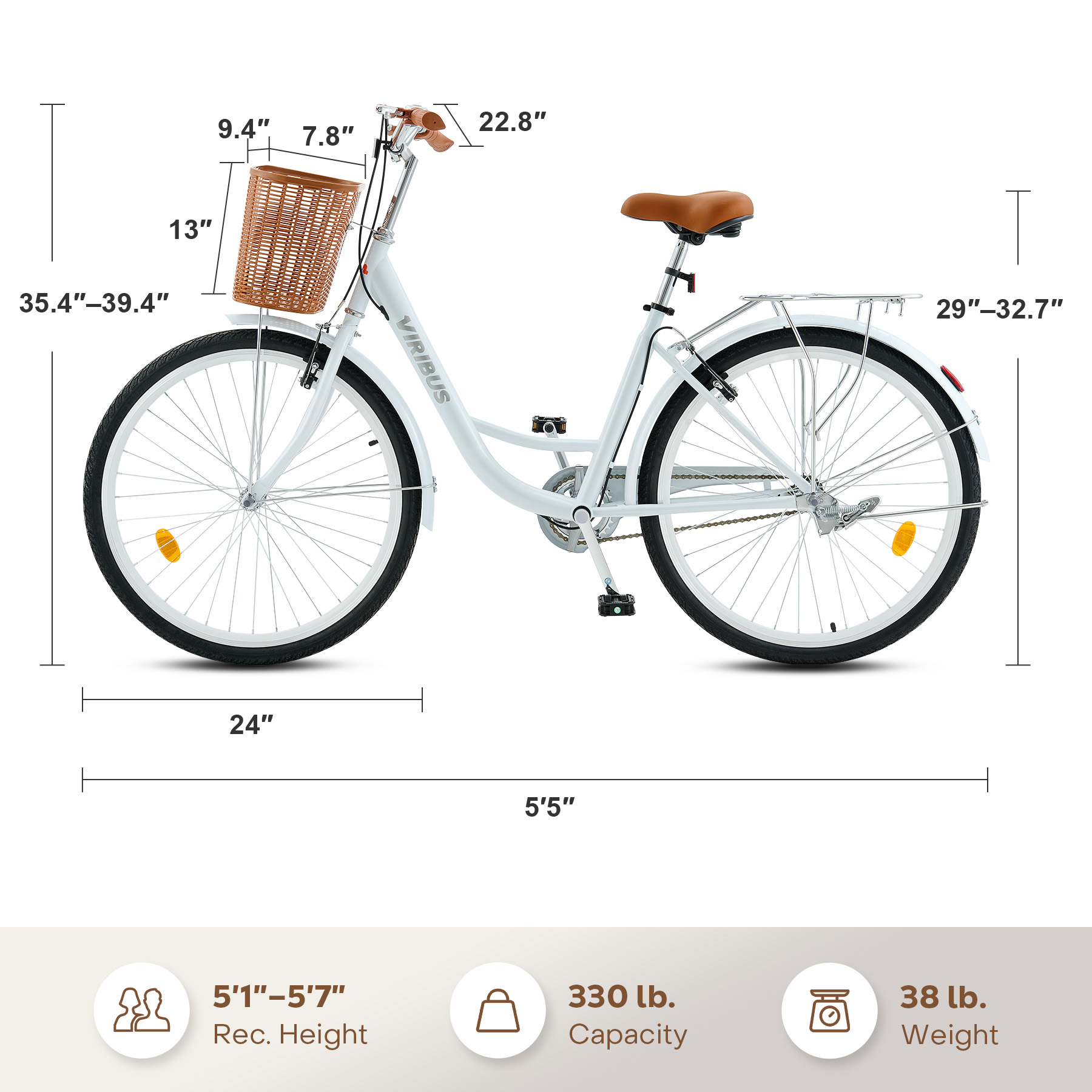 Viribus 24 inch City Cruiser Bicycle for Women,with Carbon Steel Frame Dual V Brakes Basket for Women Adults,Mint