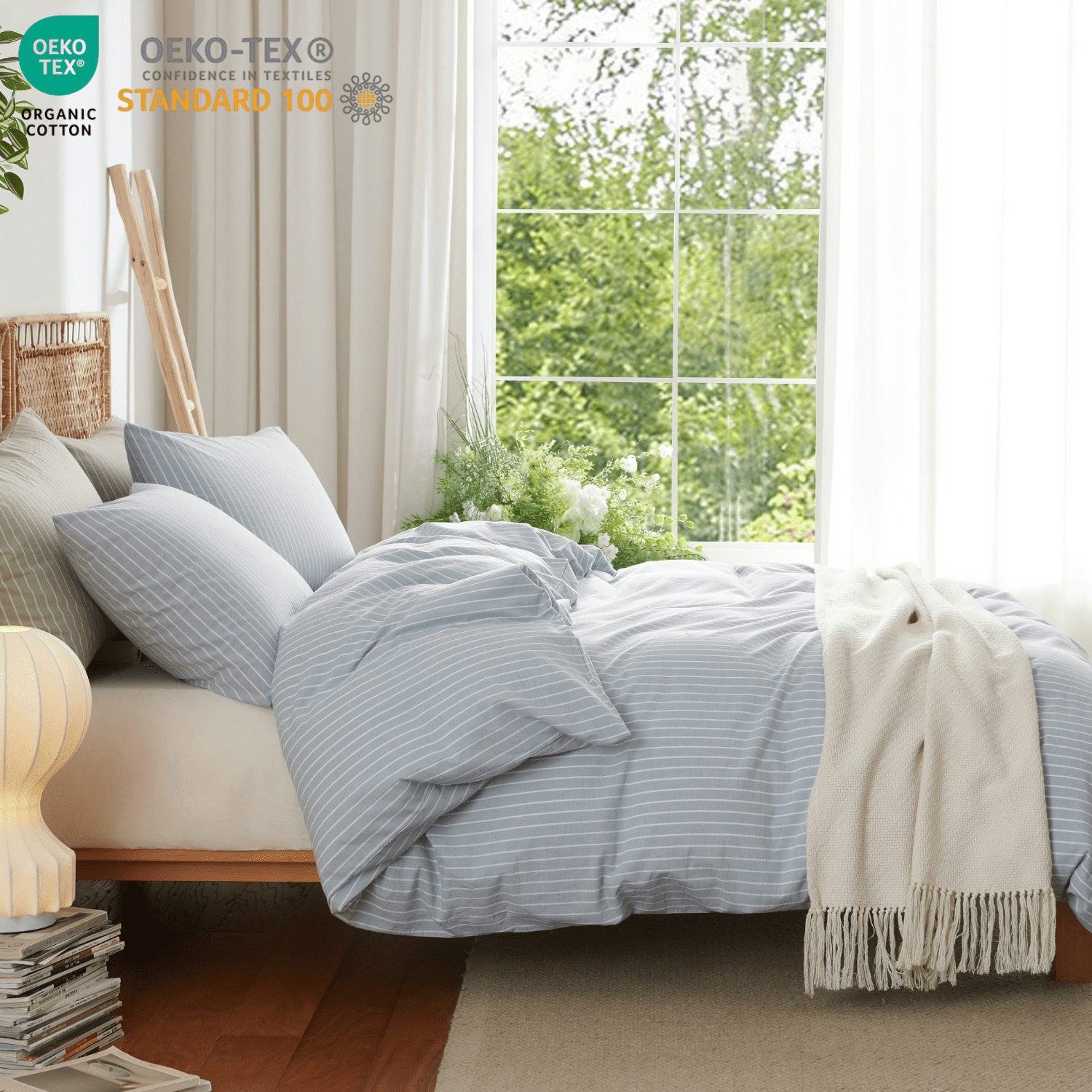 3 Pieces 100% Washed Cotton White Blue Striped Duvet Cover Set Breathable Durable Soft Queen Bedding Set for All Season with Zipper Closure Corner Ties