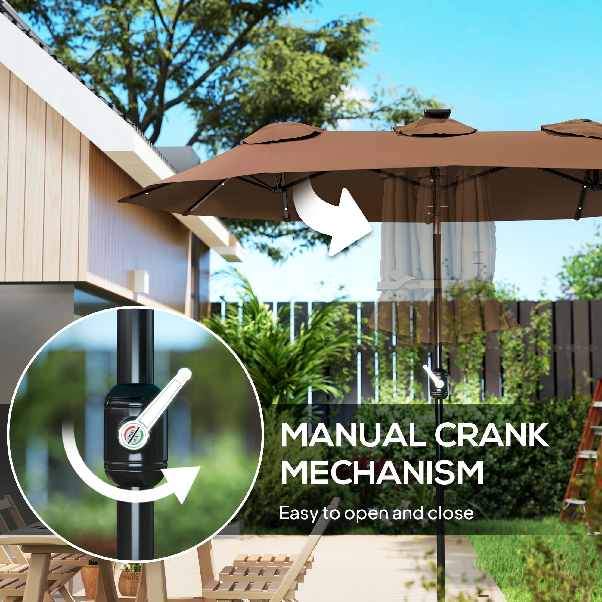 Outsunny 9.7 ft. Double-sided Patio Umbrella with LED Solar Light, 45-Degree Tilt and Crank, Outdoor Umbrella, Coffee