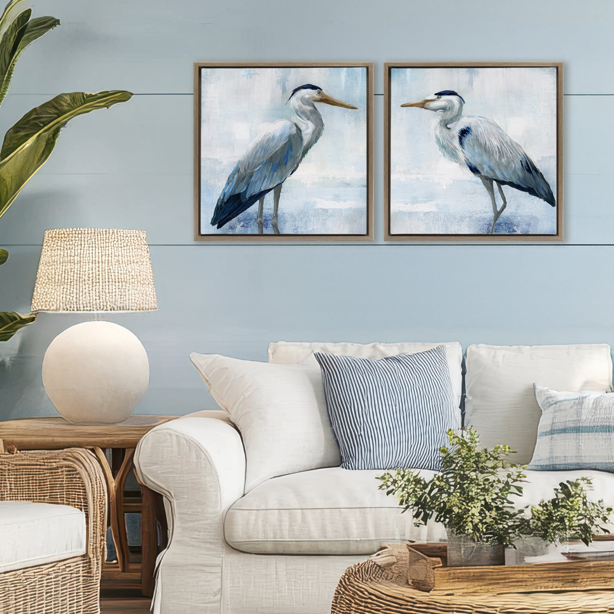 Stupell Industries Faded Blue Coastal Herons 2 Piece Brown Framed Floater Canvas Set, design by Nan