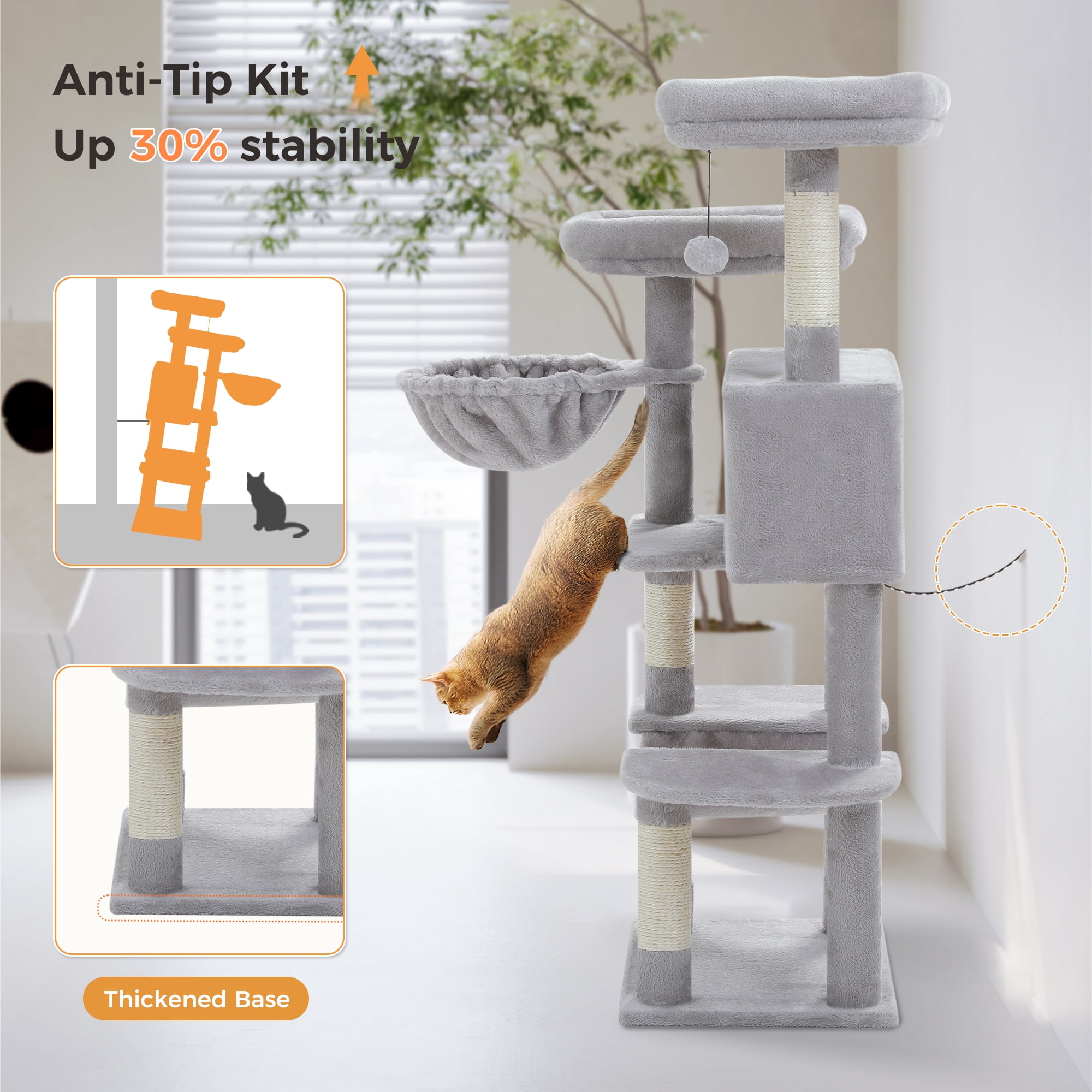 PAWZ Road 46.5" Large Cat Tree Multi-Level Cat Tower with Top Perchs&Big Condo Indoor Gray