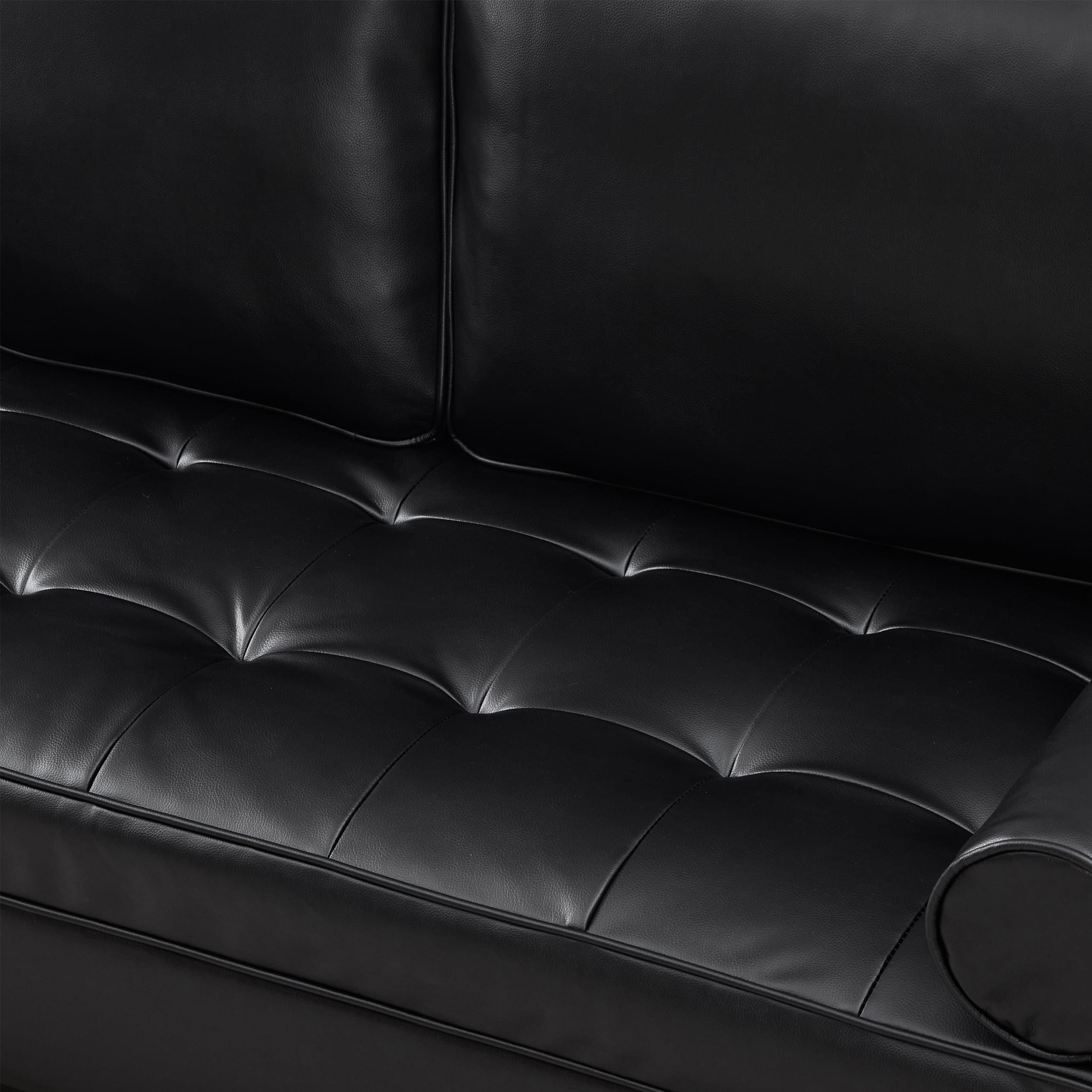 Faux Leather Sofa with Tufted Seat Cushion and Solid Wood Legs, 74.5-Inch 3-Seater Couch for Living Room, Black