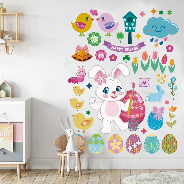 Pegatinas de Pascua con diseño de conejitos, huevos y rábanos para dormitorio y sala de estar. Pegatinas removibles.