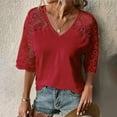 thumbnail image 2 of Yyeselk Women Casual Summer Blouses Short Sleeves Sexy V-Neck T-Shirt Pure Color Crochet Eyelet Patchwork Lace Mesh Splicing Pullover Tops Red XL, 2 of 6