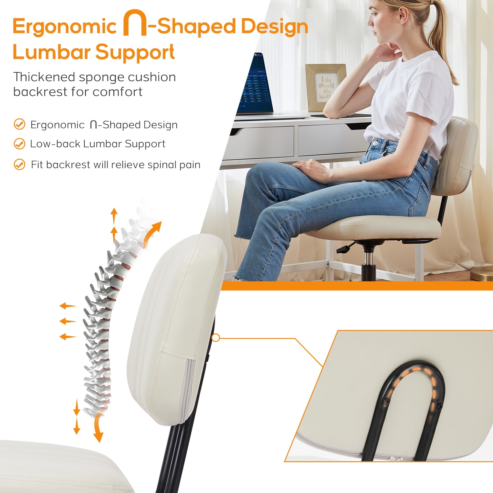 Aidoly Office Desk Chair, Armless Computer Chair with Lumbar Support, PU Leather Low Back Adjustable Height 360° Rolling, Beige