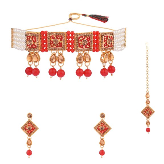 Efulgenz Indian Jewelry Set for Women Faux Pearl Red Beaded Crystal Multi Layered Antique Choker Necklace Earrings with Maangtikka Bollywood Style Jewelry
