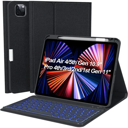 iPad Keyboard Case Pro 2022 11-inch(4th Gen),Air 5th 4th Gen 2022/2020, Pro 11 1st/2nd/3rd 2018/2020/2021, 10.9 inch Case with Backlit Detachable BT Keyboard, Smart Folio (Black)