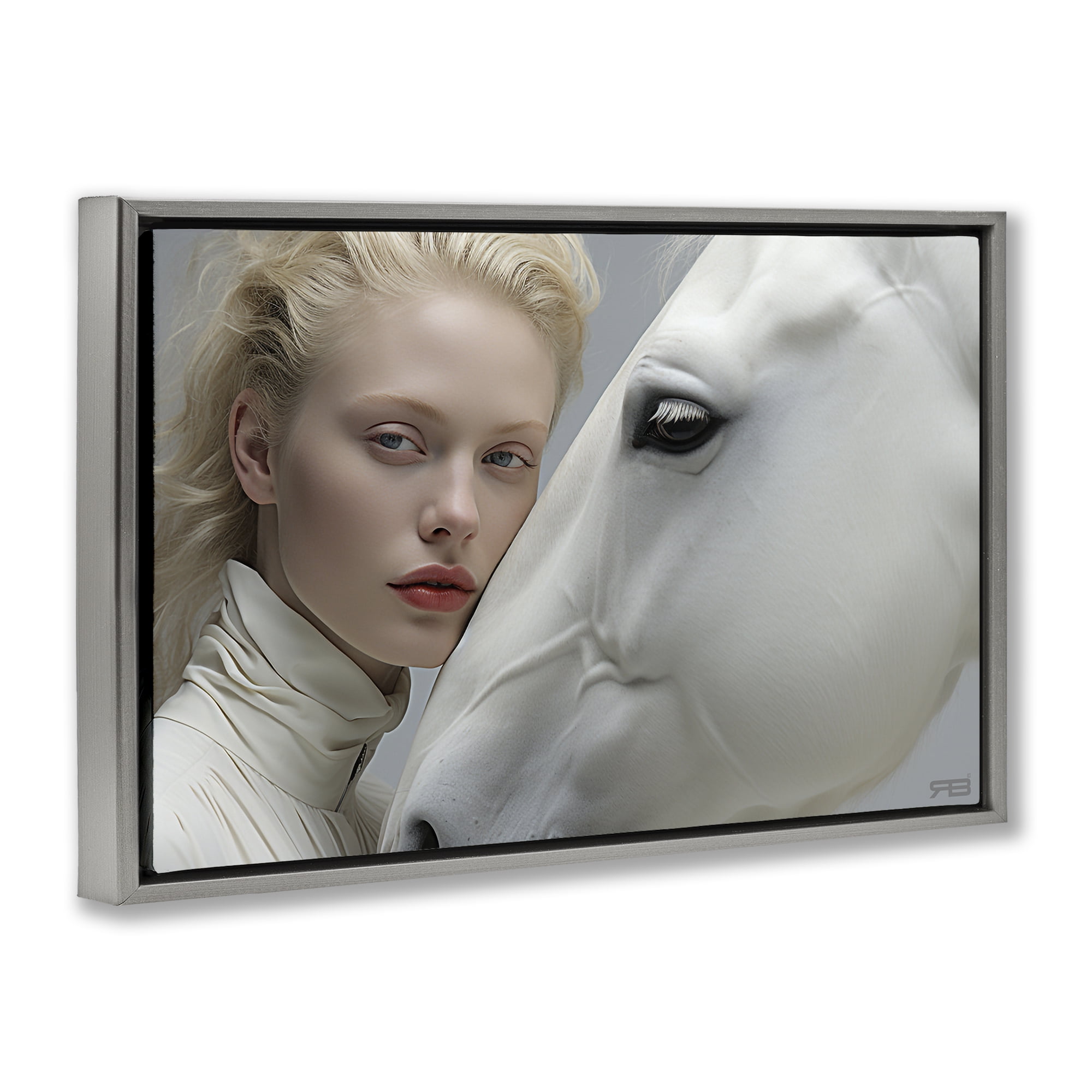 Stupell Industries White Horse & Woman People Painting Gray Floater Framed Canvas Art Print Wall Art, 25 x 17