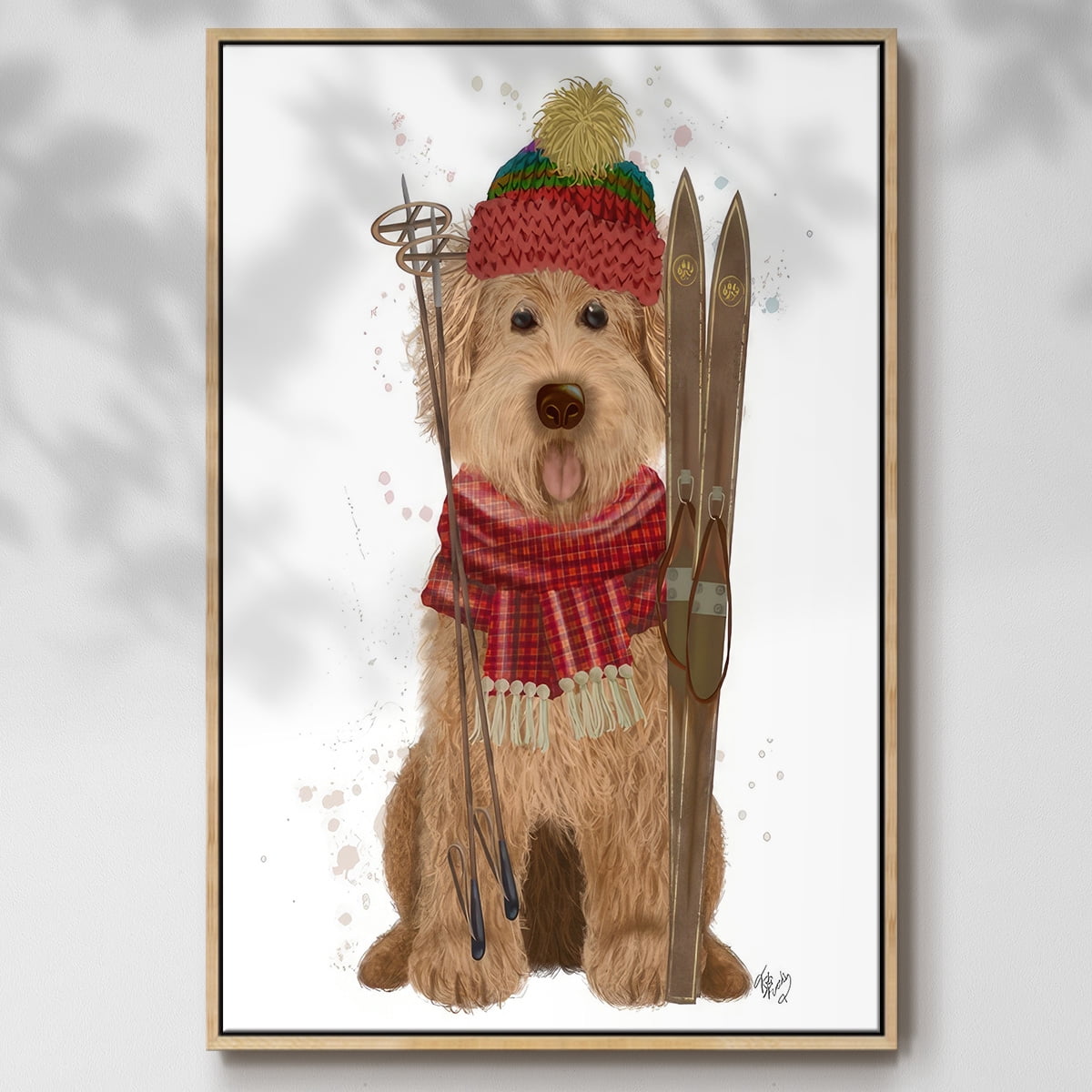 Goldendoodle Ski Dog - Framed Gallery Wrapped Holiday Canvas - 17 x 25 - Natural Wood Frame