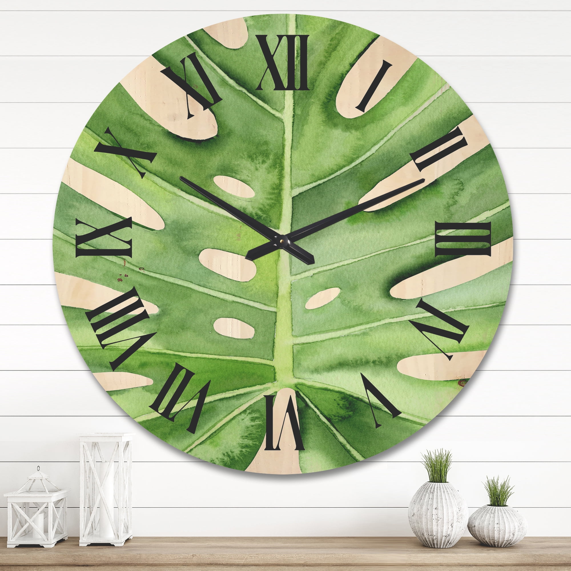 Designart 'Close Up Green Monstera Leaf Tropical Palm' Tropical Wood Wall Clock